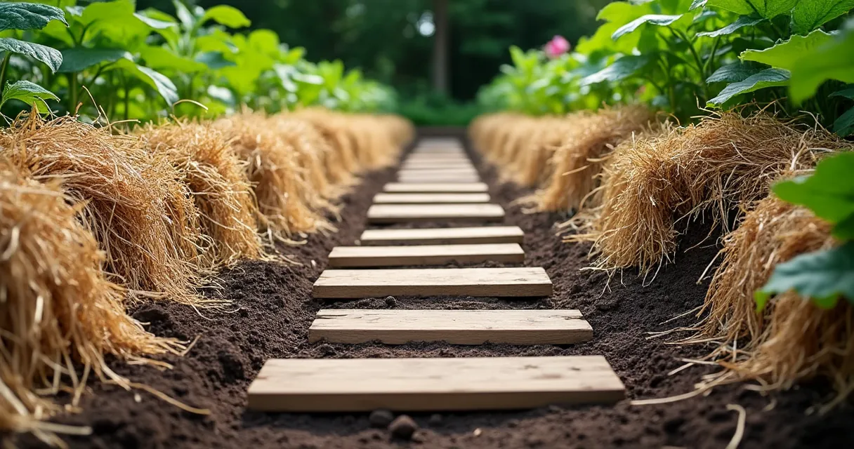 Mit Stroh und Kompost gemulchte Beete, dazwischen Bretter als Trittweg