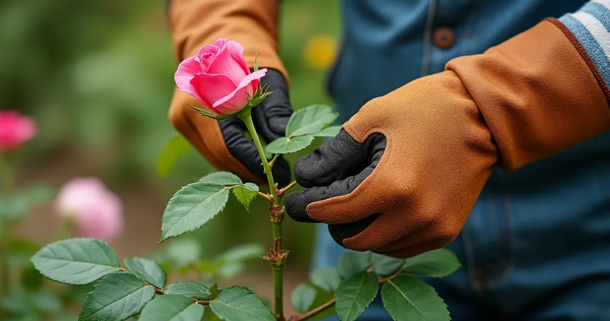 Hände in Lederhandschuhen mit langer Stulpe halten einen Rosentrieb