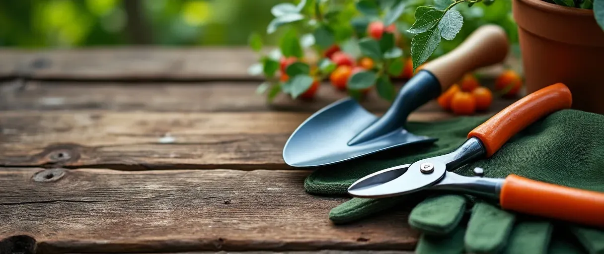 Gartenschere, Handschaufel und Handschuhe auf einem Holztisch