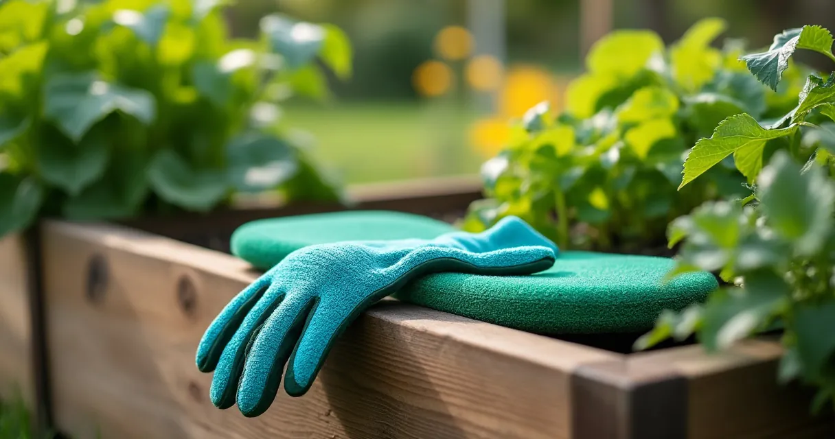Gartenhandschuhe und Kniekissen am Rand eines Hochbeets