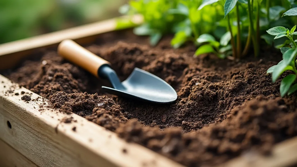Nahaufnahme von lockerer Erde und Mulch in einem Hochbeet