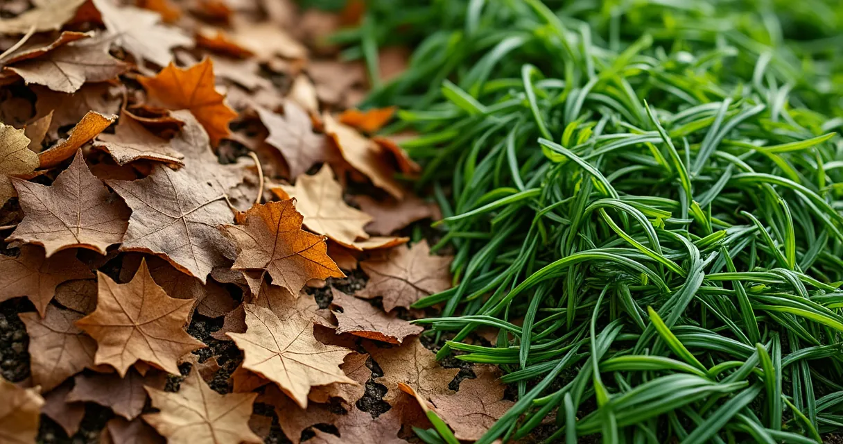 Trockenes Herbstlaub neben frischem Grasschnitt zum Mischen