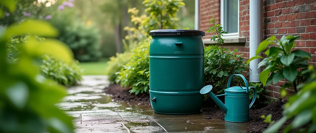 Regentonne mit Gießkanne unter einem Fallrohr im Garten