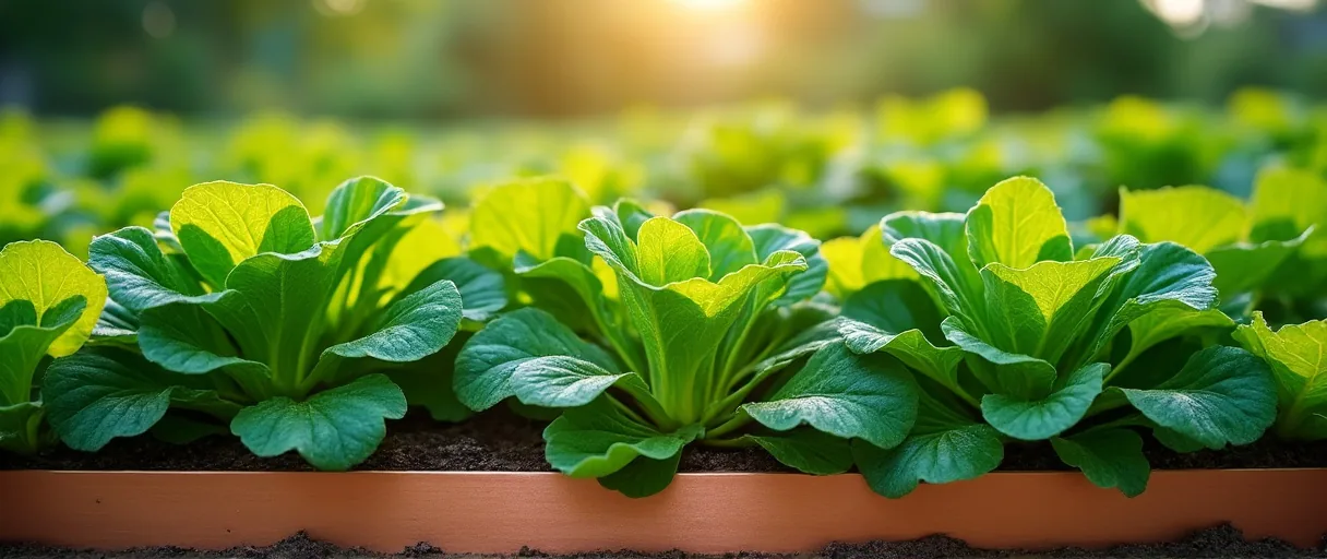 Junge Salatpflanzen in einem Beet, umgeben von frischem Grün