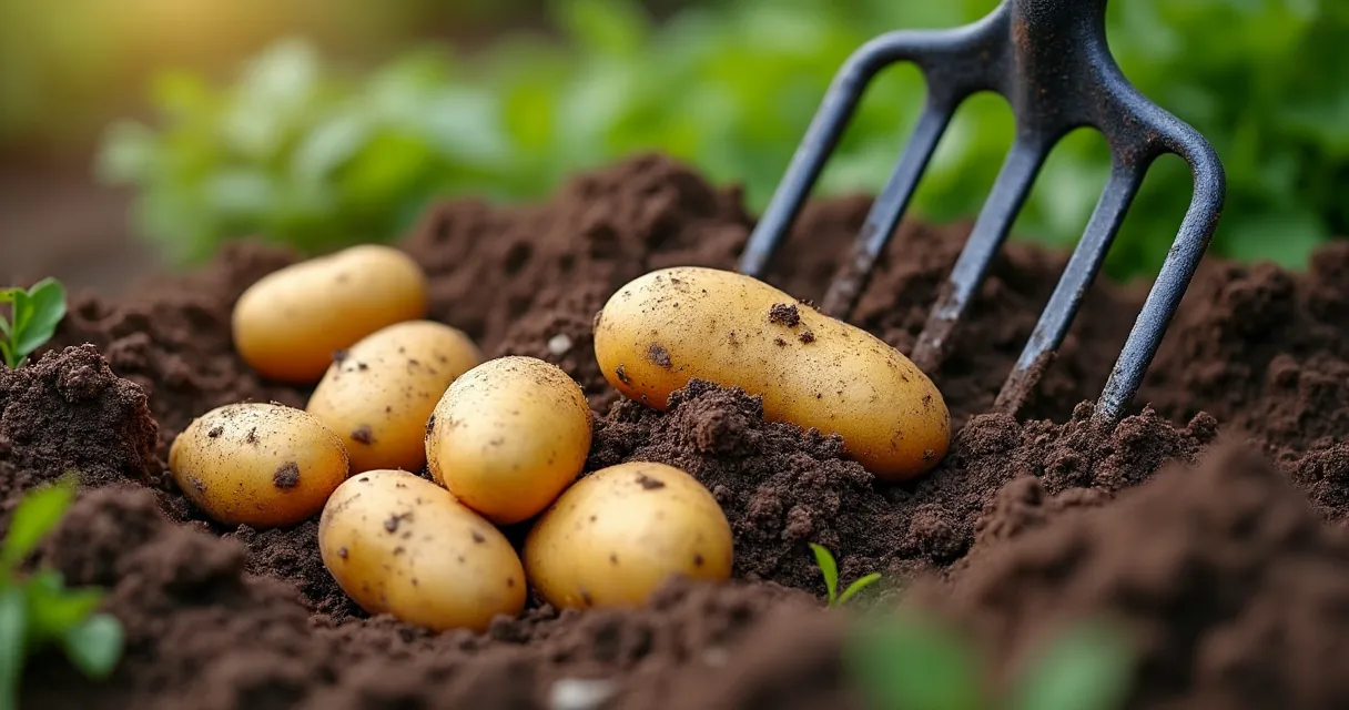 Frisch mit der Grabegabel geerntete Kartoffeln auf lockerer Erde