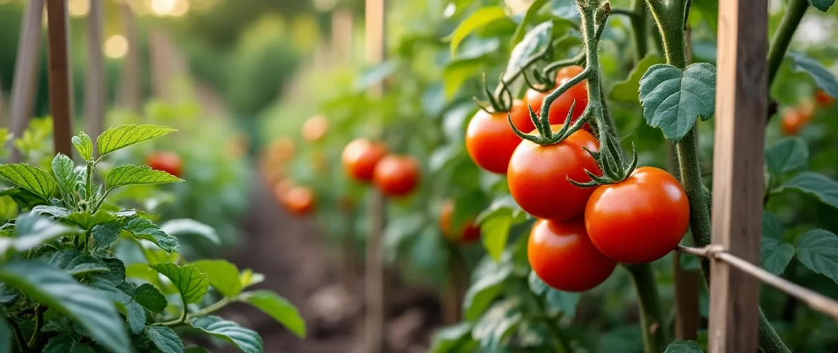 Reife Tomaten an einer Rankhilfe im Gemüsebeet