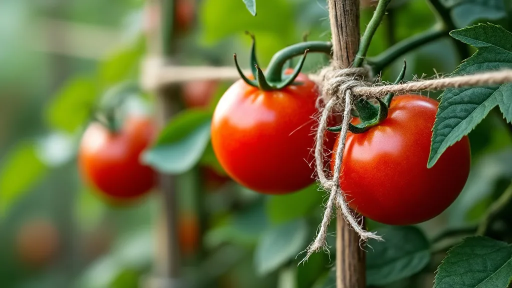 Reife Tomaten am Stängel, locker an einer Rankhilfe festgebunden