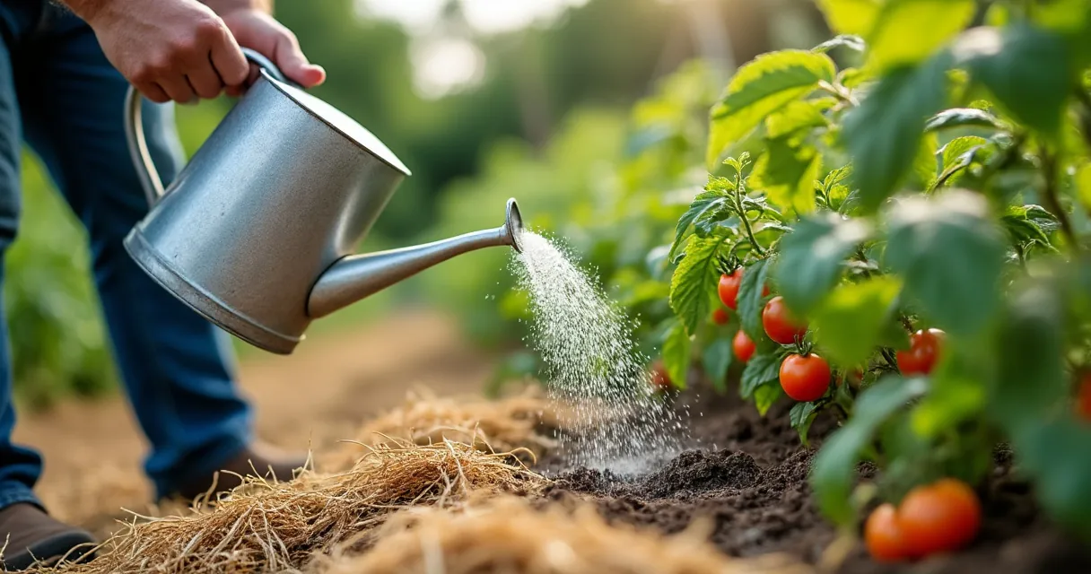 Tomaten werden mit einer Gießkanne am Fuß der Pflanze gegossen, der Boden ist mit Stroh gemulcht