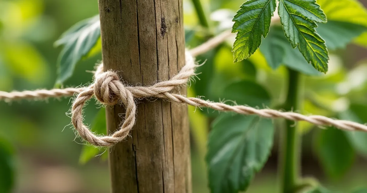 Weiche Jute-Bindeschnur an einem Holzstab zwischen Tomatenpflanzen