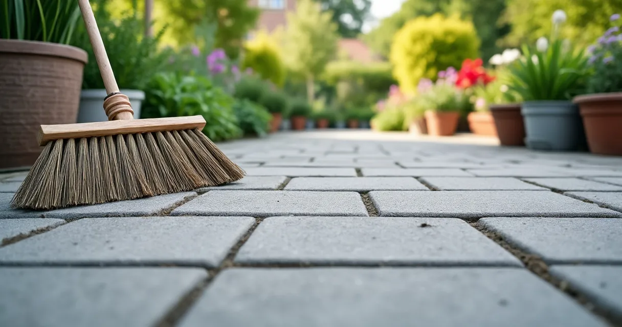 Frisch gekehrte Terrassenplatten mit schmalen, sandgefüllten Fugen